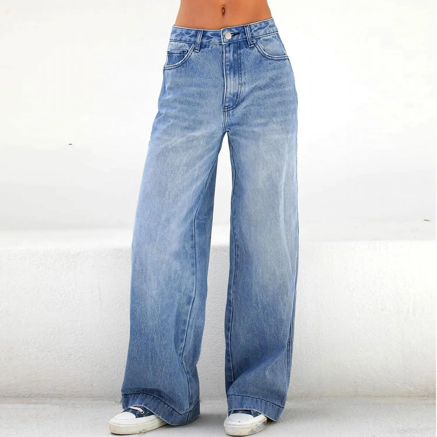 Mid Rise Jeans for Women Wide Leg Washed Baggy Denim Pants Teen Girls Straight Leg Casual Loose Y2k Vintage Trousers