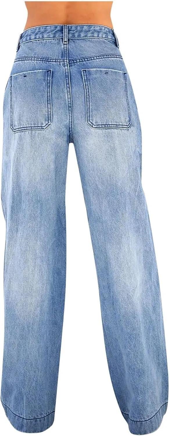 Mid Rise Jeans for Women Wide Leg Washed Baggy Denim Pants Teen Girls Straight Leg Casual Loose Y2k Vintage Trousers