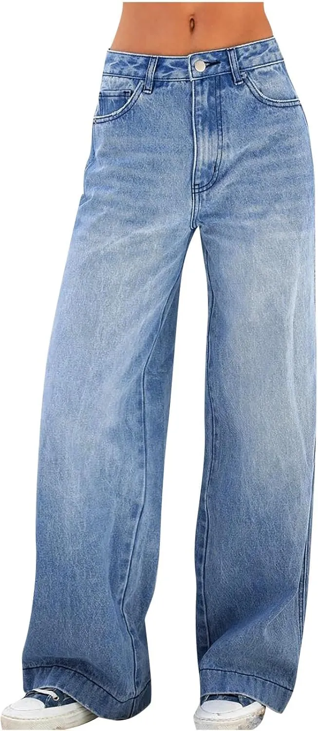 Mid Rise Jeans for Women Wide Leg Washed Baggy Denim Pants Teen Girls Straight Leg Casual Loose Y2k Vintage Trousers