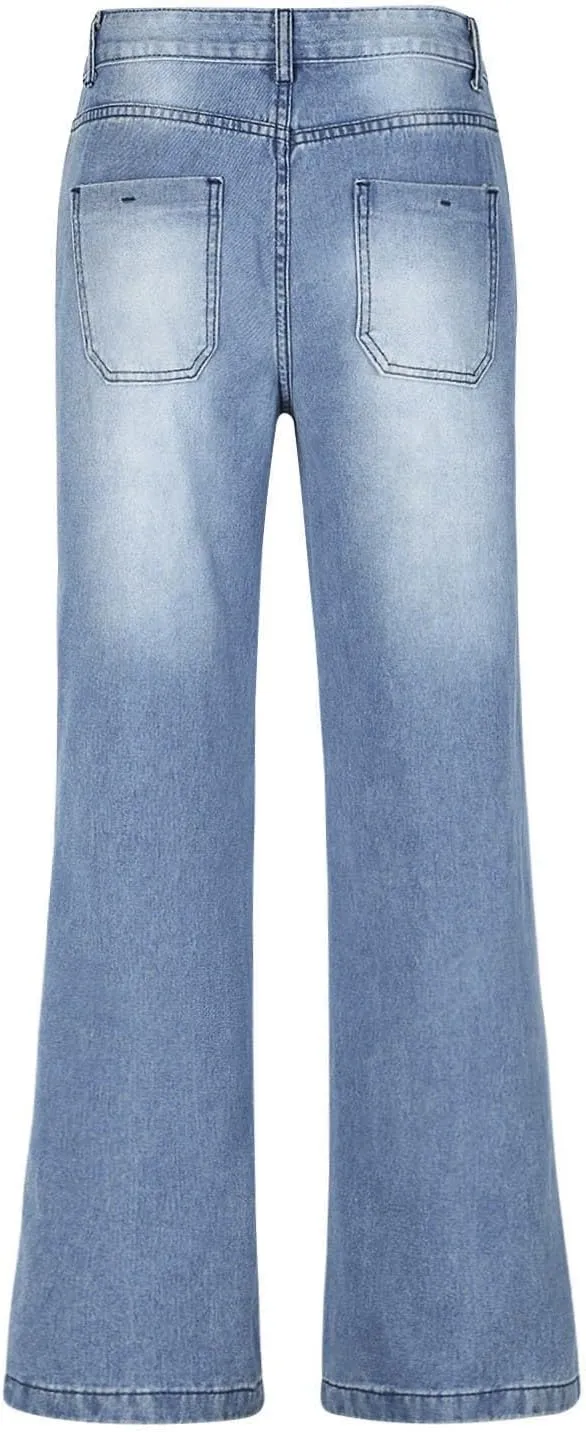 Mid Rise Jeans for Women Wide Leg Washed Baggy Denim Pants Teen Girls Straight Leg Casual Loose Y2k Vintage Trousers