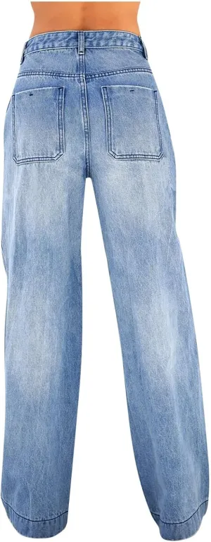 Mid Rise Jeans for Women Wide Leg Washed Baggy Denim Pants Teen Girls Straight Leg Casual Loose Y2k Vintage Trousers