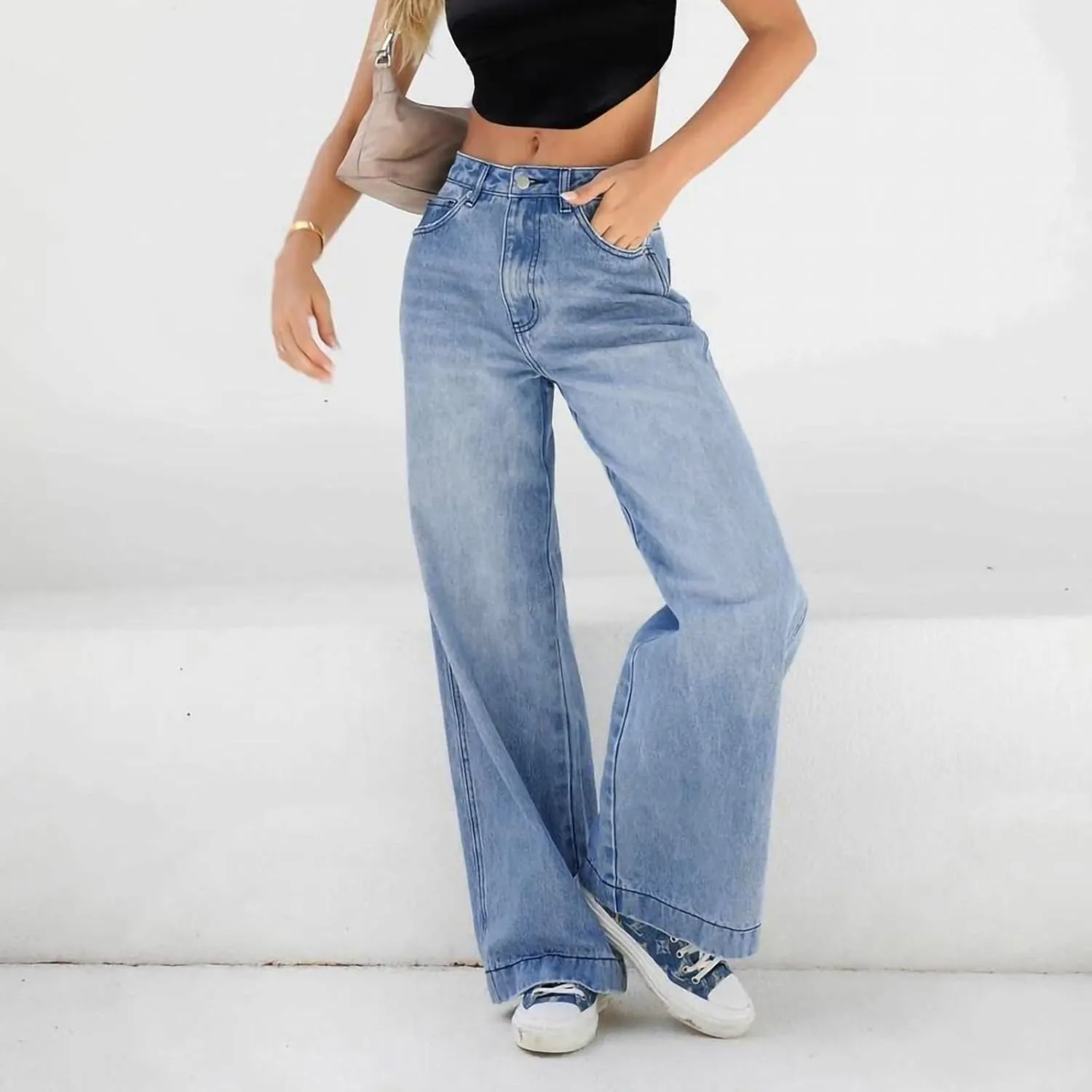 Mid Rise Jeans for Women Wide Leg Washed Baggy Denim Pants Teen Girls Straight Leg Casual Loose Y2k Vintage Trousers