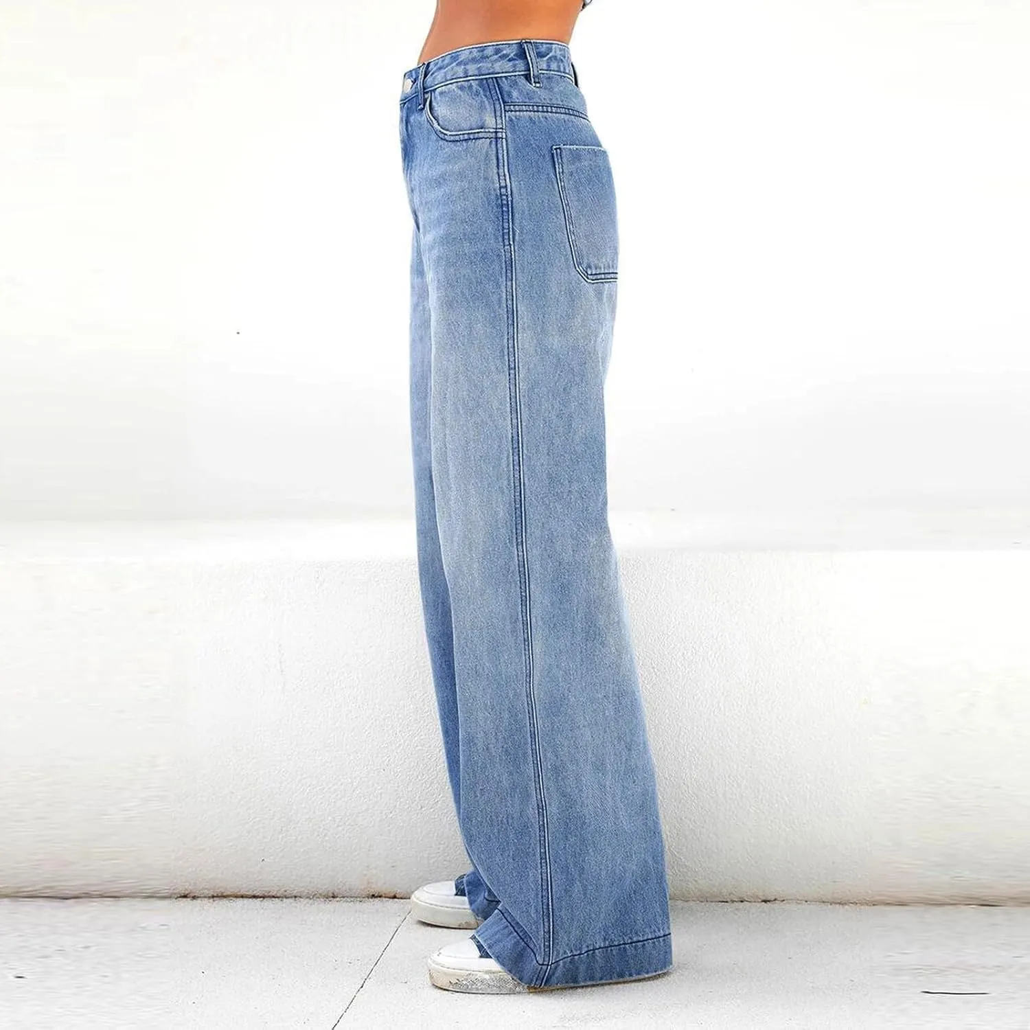 Mid Rise Jeans for Women Wide Leg Washed Baggy Denim Pants Teen Girls Straight Leg Casual Loose Y2k Vintage Trousers