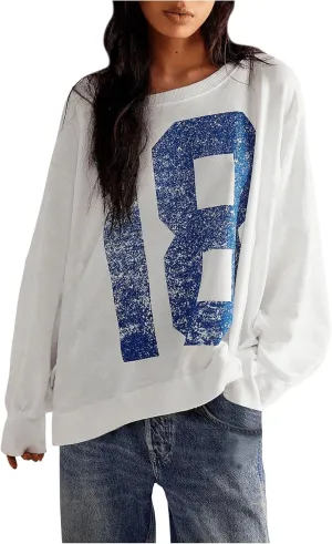 Milumia Women's Number Graphic Tee Tshirt Long Sleeve Crew Neck Sweatshirt Oversized Pullovers