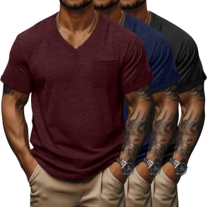 Neer 3 Pack Men's Big and Tall V Neck Pocket T-Shirts, Short Sleeve Shirts 35% Cotton Summer Loose Fit Casual Basic Tee
