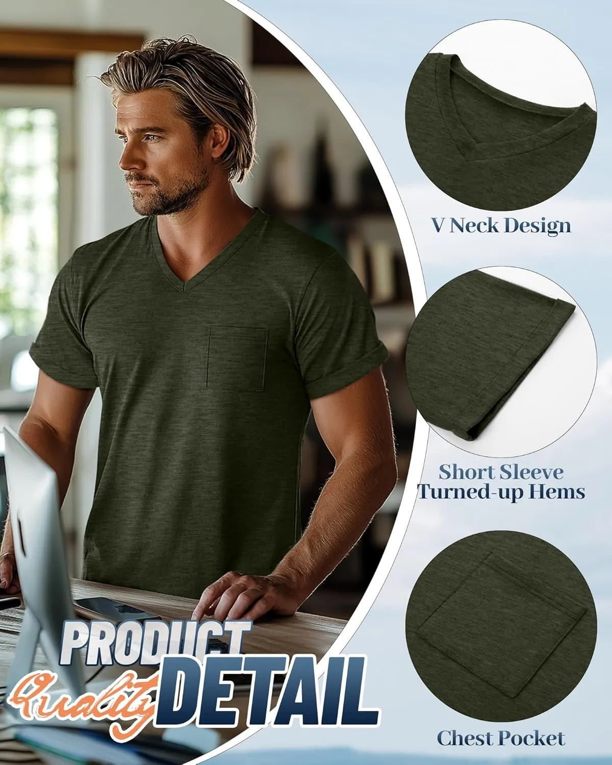 Neer 3 Pack Men's Big and Tall V Neck Pocket T-Shirts, Short Sleeve Shirts 35% Cotton Summer Loose Fit Casual Basic Tee