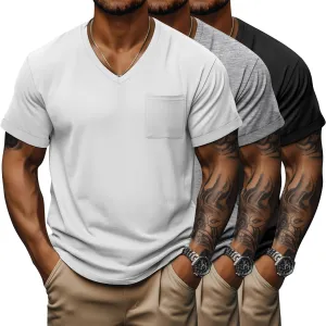 Neer 3 Pack Men's Big and Tall V Neck Pocket T-Shirts, Short Sleeve Shirts 35% Cotton Summer Loose Fit Casual Basic Tee