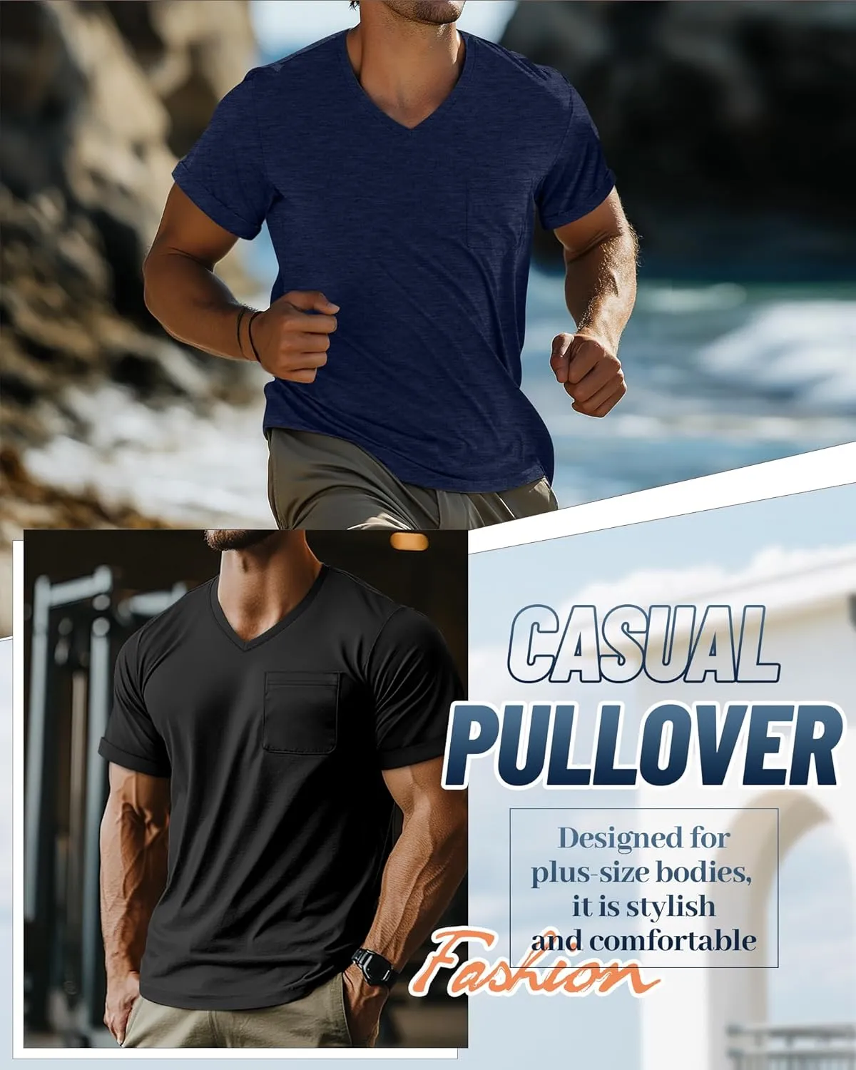 Neer 3 Pack Men's Big and Tall V Neck Pocket T-Shirts, Short Sleeve Shirts 35% Cotton Summer Loose Fit Casual Basic Tee