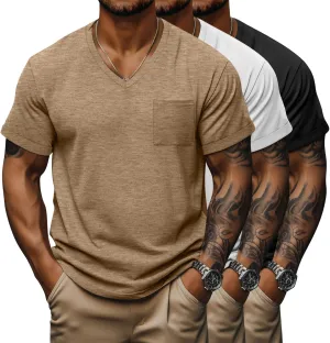 Neer 3 Pack Men's Big and Tall V Neck Pocket T-Shirts, Short Sleeve Shirts 35% Cotton Summer Loose Fit Casual Basic Tee