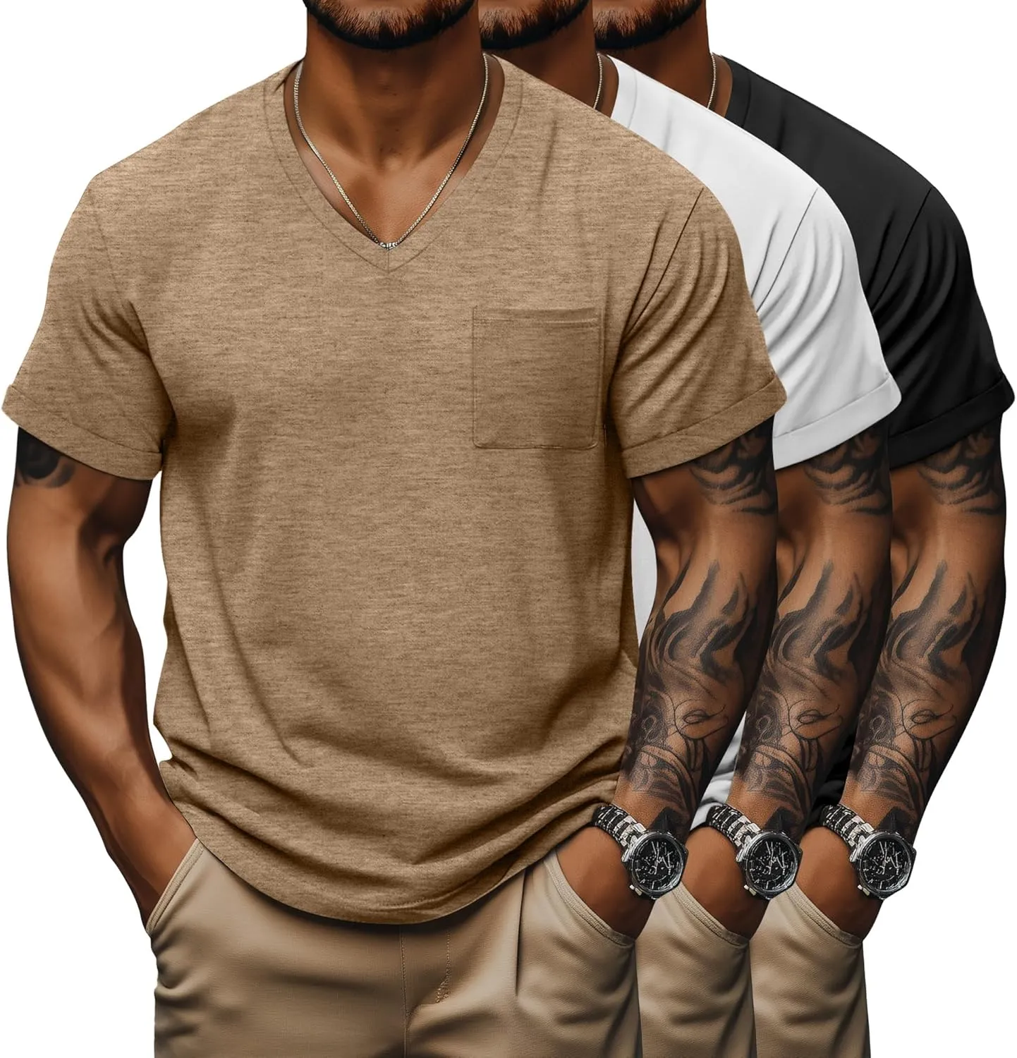 Neer 3 Pack Men's Big and Tall V Neck Pocket T-Shirts, Short Sleeve Shirts 35% Cotton Summer Loose Fit Casual Basic Tee