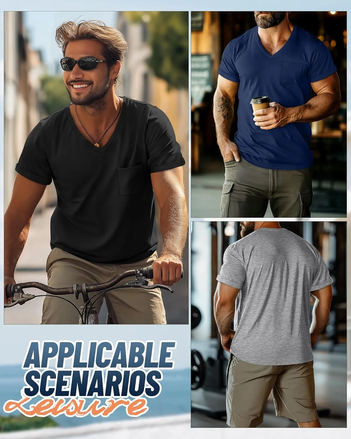 Neer 3 Pack Men's Big and Tall V Neck Pocket T-Shirts, Short Sleeve Shirts 35% Cotton Summer Loose Fit Casual Basic Tee