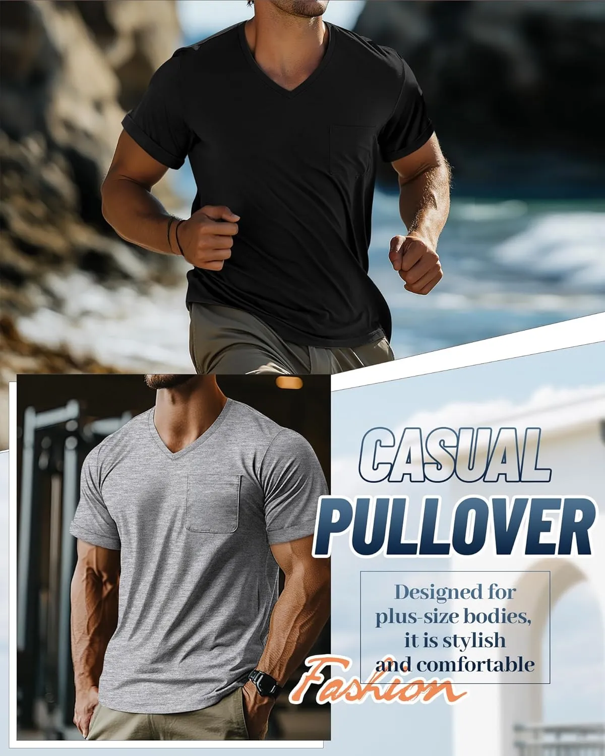 Neer 3 Pack Men's Big and Tall V Neck Pocket T-Shirts, Short Sleeve Shirts 35% Cotton Summer Loose Fit Casual Basic Tee