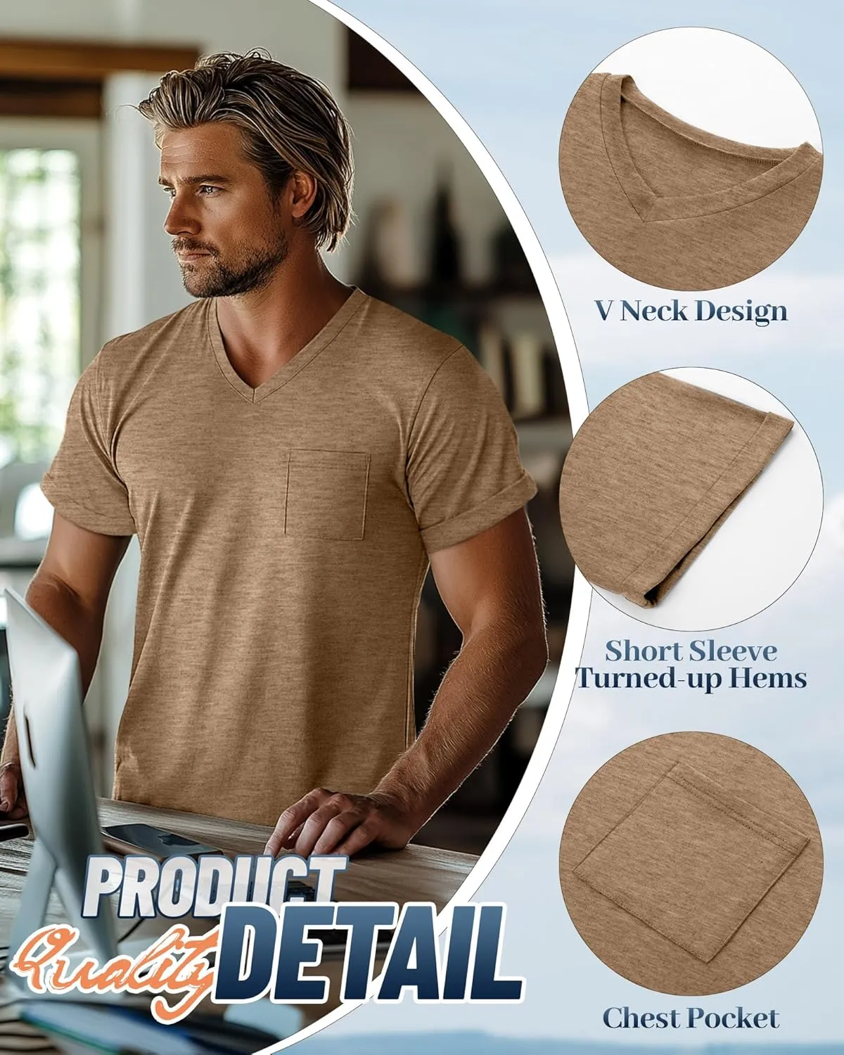 Neer 3 Pack Men's Big and Tall V Neck Pocket T-Shirts, Short Sleeve Shirts 35% Cotton Summer Loose Fit Casual Basic Tee