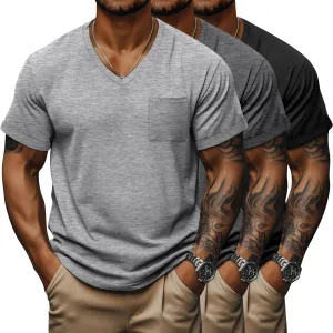 Neer 3 Pack Men's Big and Tall V Neck Pocket T-Shirts, Short Sleeve Shirts 35% Cotton Summer Loose Fit Casual Basic Tee