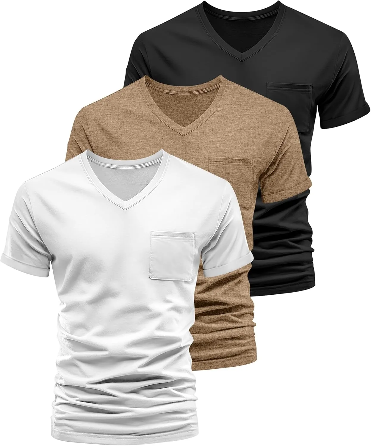 Neer 3 Pack Men's Big and Tall V Neck Pocket T-Shirts, Short Sleeve Shirts 35% Cotton Summer Loose Fit Casual Basic Tee