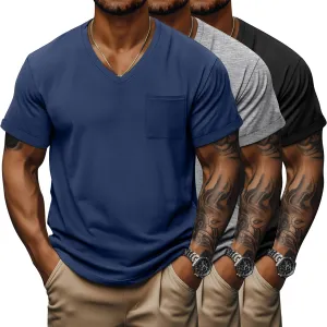 Neer 3 Pack Men's Big and Tall V Neck Pocket T-Shirts, Short Sleeve Shirts 35% Cotton Summer Loose Fit Casual Basic Tee