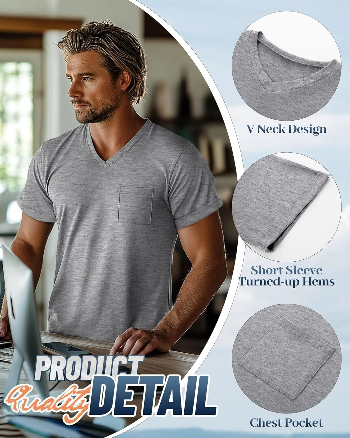 Neer 3 Pack Men's Big and Tall V Neck Pocket T-Shirts, Short Sleeve Shirts 35% Cotton Summer Loose Fit Casual Basic Tee