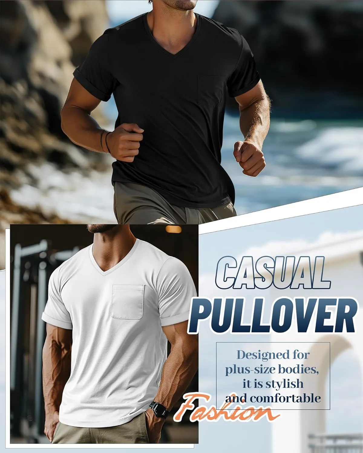 Neer 3 Pack Men's Big and Tall V Neck Pocket T-Shirts, Short Sleeve Shirts 35% Cotton Summer Loose Fit Casual Basic Tee