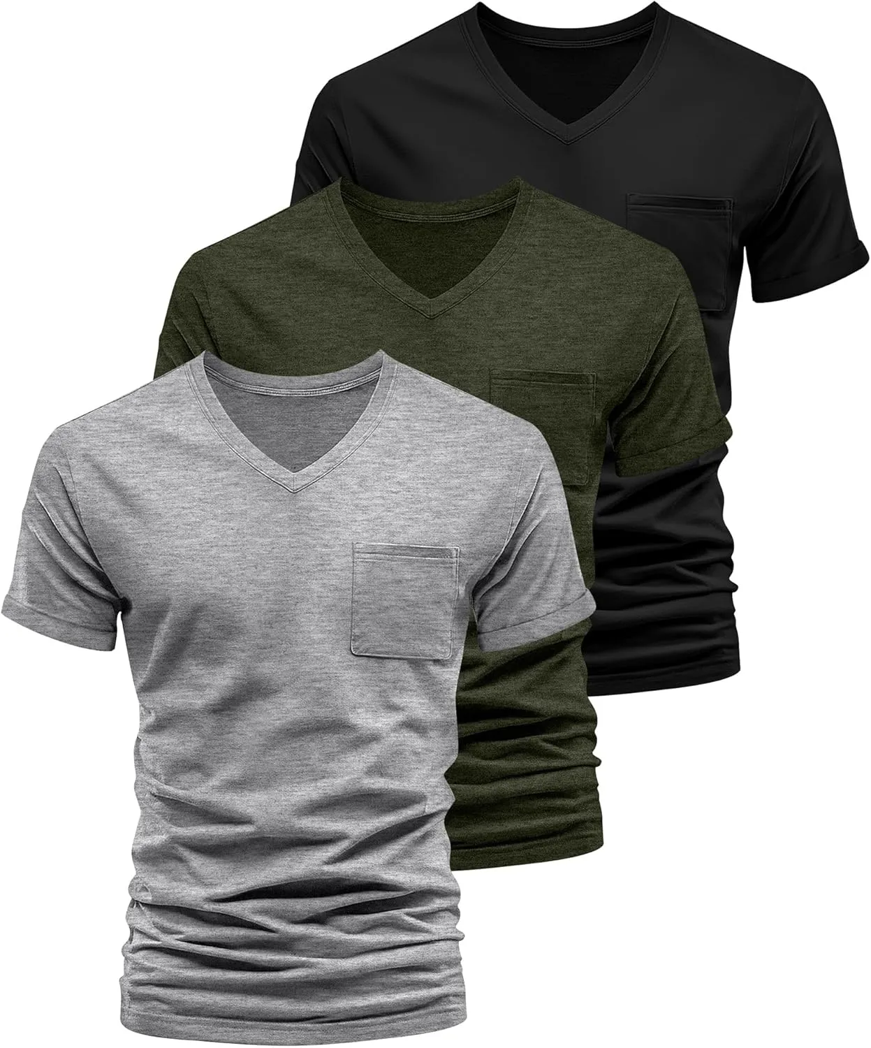 Neer 3 Pack Men's Big and Tall V Neck Pocket T-Shirts, Short Sleeve Shirts 35% Cotton Summer Loose Fit Casual Basic Tee