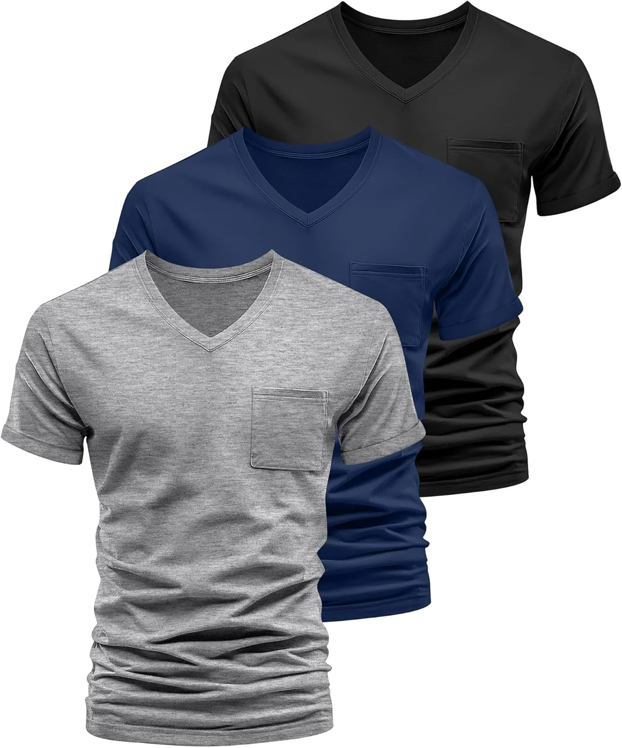 Neer 3 Pack Men's Big and Tall V Neck Pocket T-Shirts, Short Sleeve Shirts 35% Cotton Summer Loose Fit Casual Basic Tee