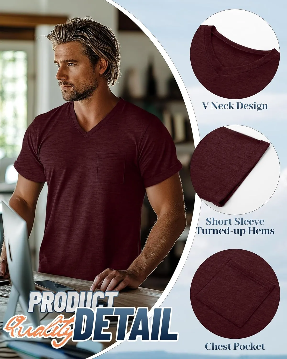 Neer 3 Pack Men's Big and Tall V Neck Pocket T-Shirts, Short Sleeve Shirts 35% Cotton Summer Loose Fit Casual Basic Tee
