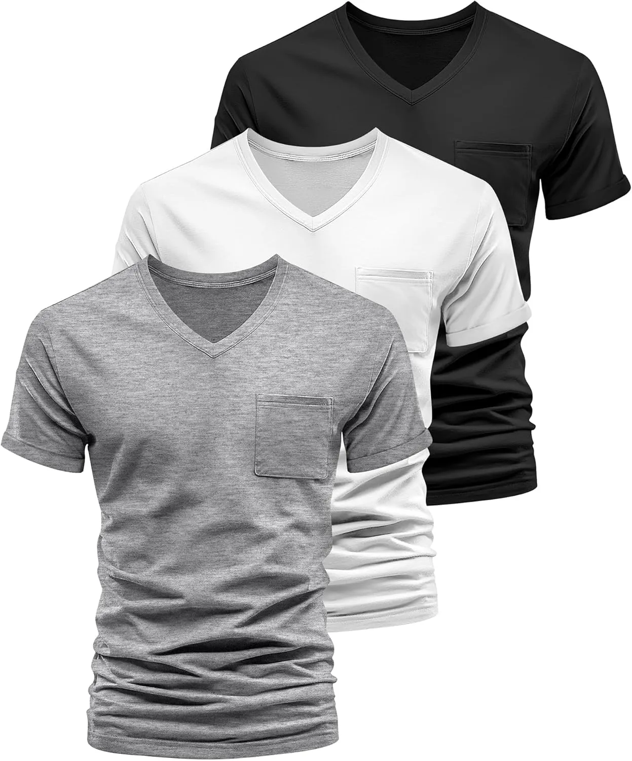 Neer 3 Pack Men's Big and Tall V Neck Pocket T-Shirts, Short Sleeve Shirts 35% Cotton Summer Loose Fit Casual Basic Tee