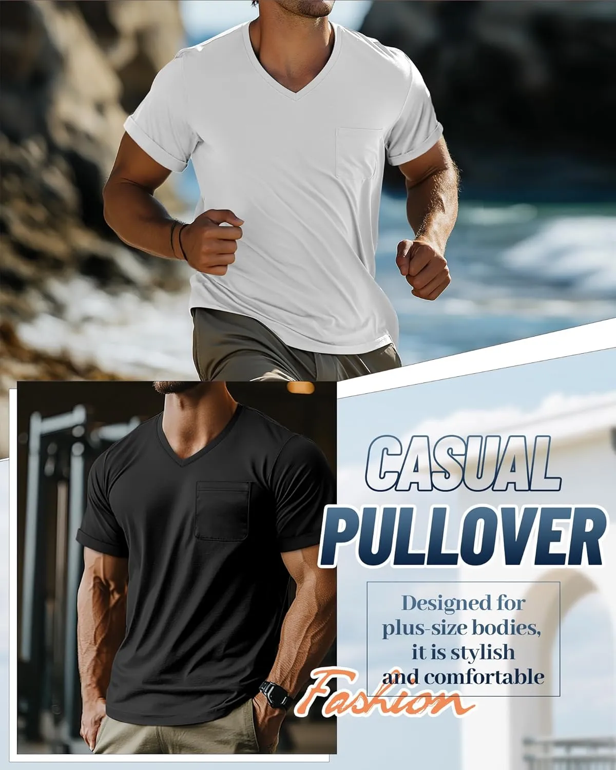 Neer 3 Pack Men's Big and Tall V Neck Pocket T-Shirts, Short Sleeve Shirts 35% Cotton Summer Loose Fit Casual Basic Tee
