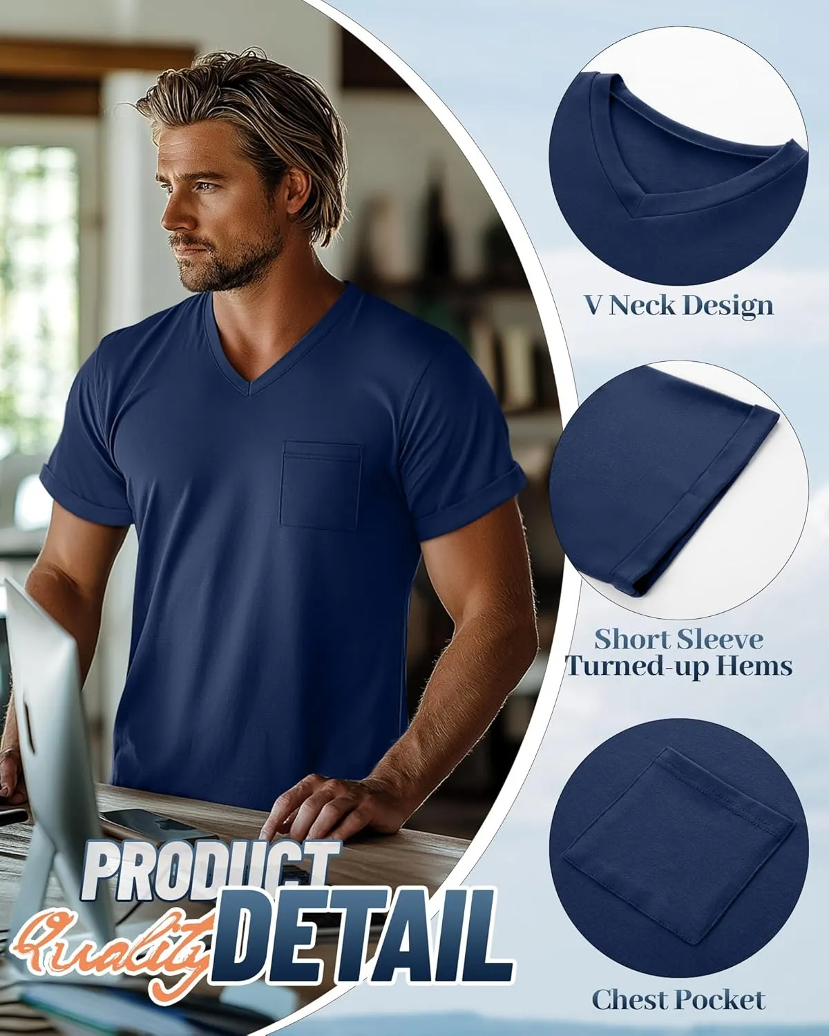 Neer 3 Pack Men's Big and Tall V Neck Pocket T-Shirts, Short Sleeve Shirts 35% Cotton Summer Loose Fit Casual Basic Tee