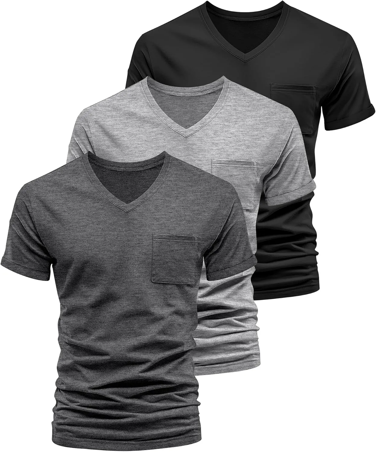 Neer 3 Pack Men's Big and Tall V Neck Pocket T-Shirts, Short Sleeve Shirts 35% Cotton Summer Loose Fit Casual Basic Tee