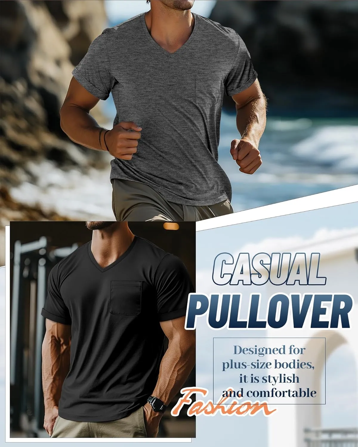 Neer 3 Pack Men's Big and Tall V Neck Pocket T-Shirts, Short Sleeve Shirts 35% Cotton Summer Loose Fit Casual Basic Tee