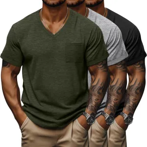 Neer 3 Pack Men's Big and Tall V Neck Pocket T-Shirts, Short Sleeve Shirts 35% Cotton Summer Loose Fit Casual Basic Tee