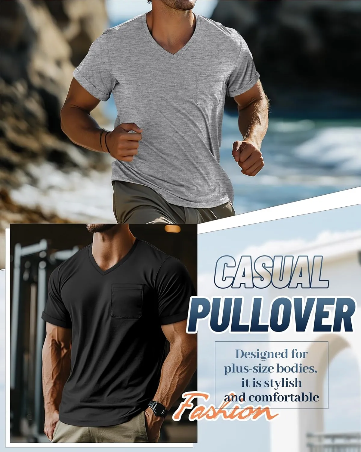 Neer 3 Pack Men's Big and Tall V Neck Pocket T-Shirts, Short Sleeve Shirts 35% Cotton Summer Loose Fit Casual Basic Tee