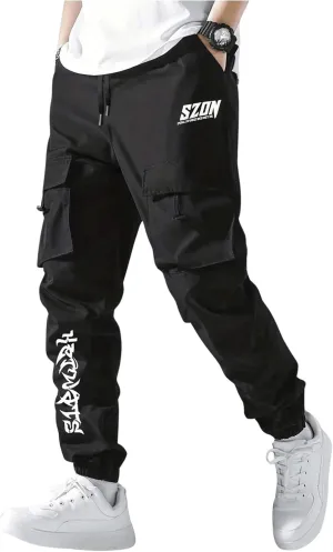 OYOANGLE Men's Casual Jogger Cargo Pants Drawstring Waist Flap Pocket Joggers Athletic Workout Trousers
