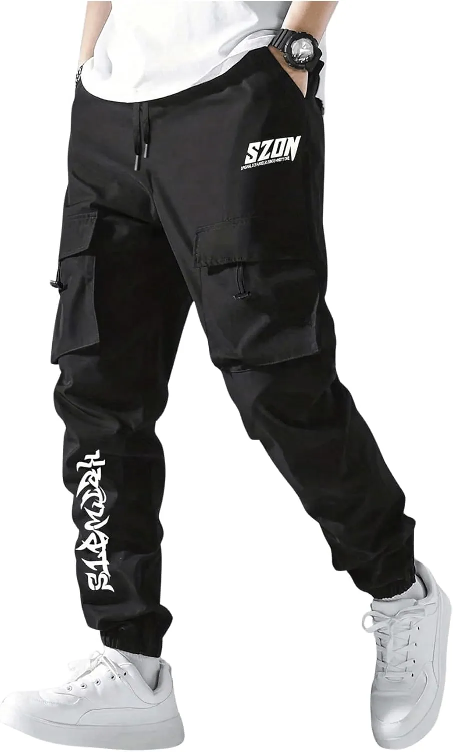 OYOANGLE Men's Casual Jogger Cargo Pants Drawstring Waist Flap Pocket Joggers Athletic Workout Trousers
