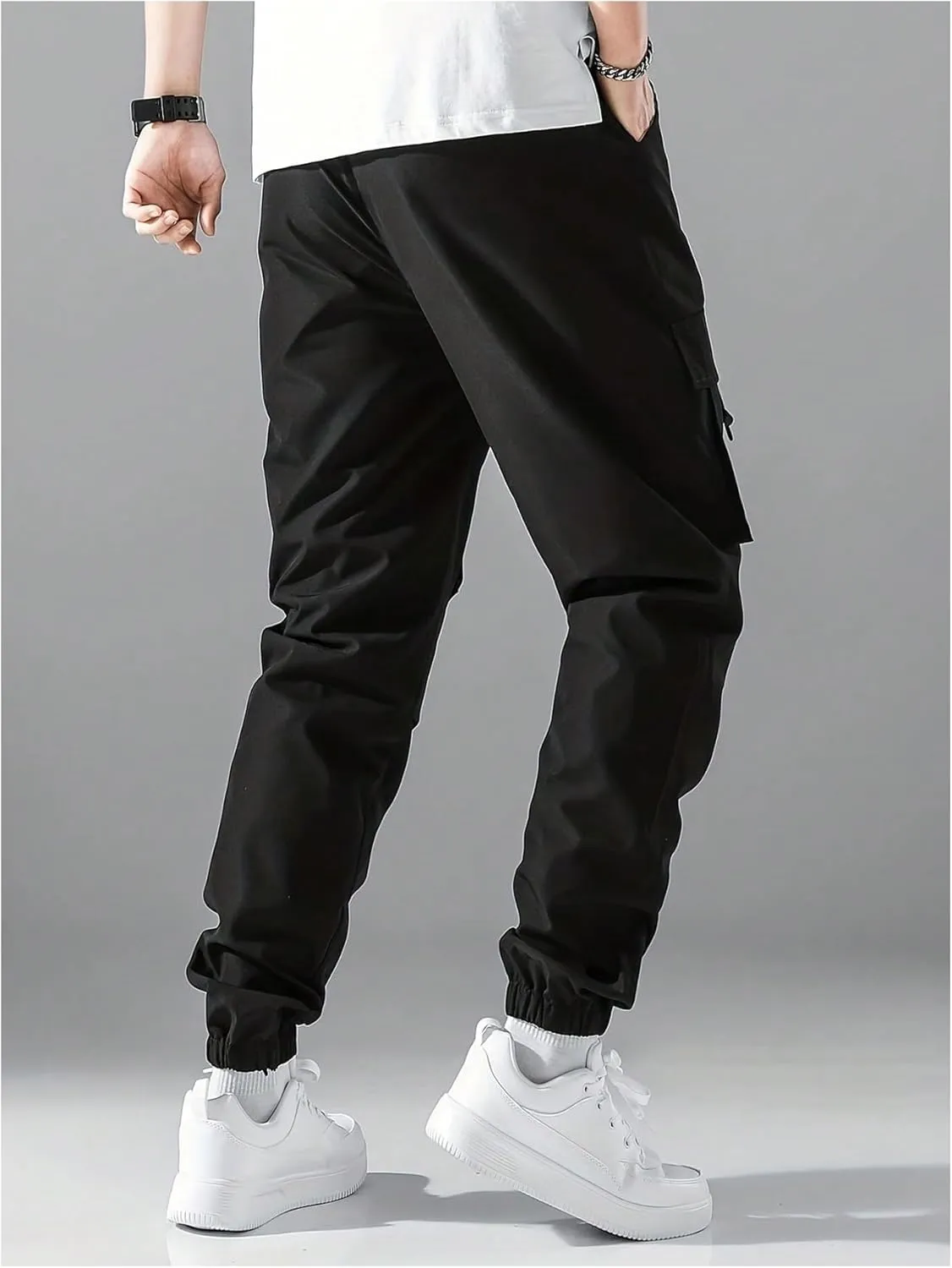 OYOANGLE Men's Casual Jogger Cargo Pants Drawstring Waist Flap Pocket Joggers Athletic Workout Trousers