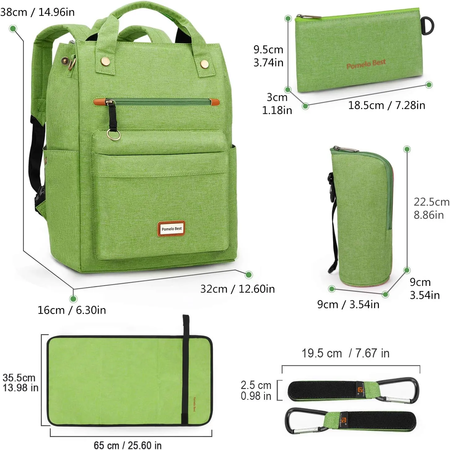 Pomelo Best Baby Diaper Bag Backpack, Large Capacity Multifunction Travel Pack with Waterproof Changing Pad, stroller hook with velcro, insulated bottle holder, utensil pocket, Green
