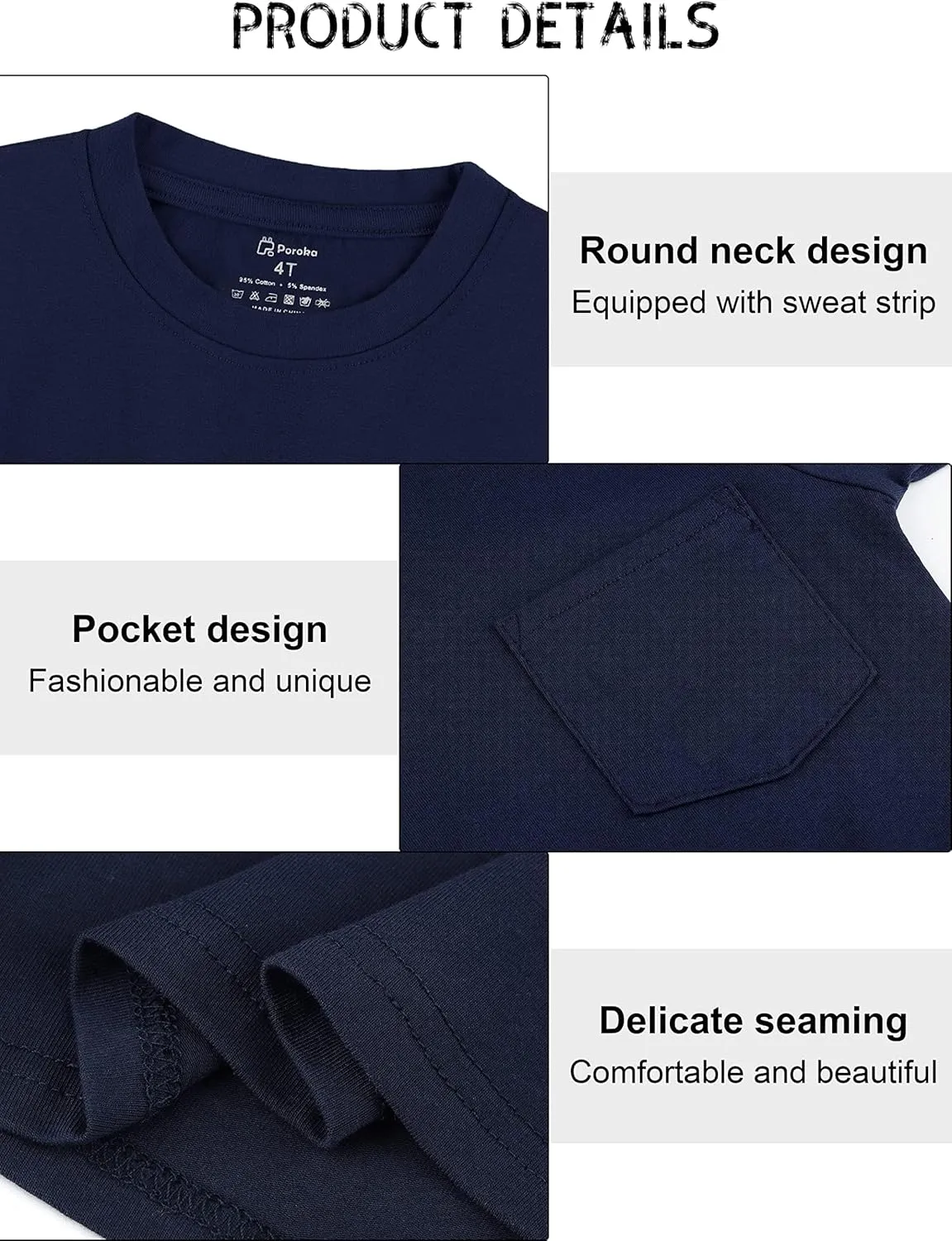 Poroka Toddlers and Boys' Short-Sleeve T-Shirts Cotton Crew Neck Tee Baby Short-Solid Pocket T-Shirts with Pocket 4 Pack