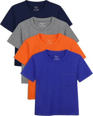 Poroka Toddlers and Boys' Short-Sleeve T-Shirts Cotton Crew Neck Tee Baby Short-Solid Pocket T-Shirts with Pocket 4 Pack