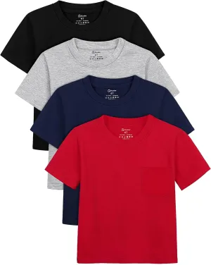 Poroka Toddlers and Boys' Short-Sleeve T-Shirts Cotton Crew Neck Tee Baby Short-Solid Pocket T-Shirts with Pocket 4 Pack