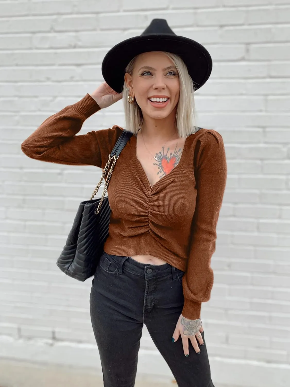 PRETTYGARDEN Fall Long Sleeve Cropped Sweaters for Women 2024 Off The Shoulder V Neck Ruched Ribbed Knit Going Out Tops