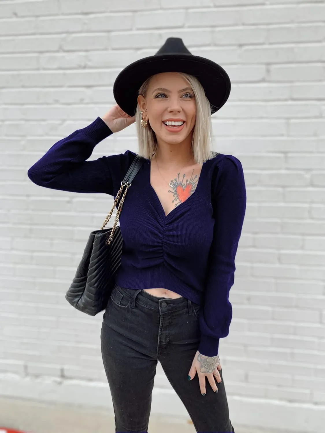 PRETTYGARDEN Fall Long Sleeve Cropped Sweaters for Women 2024 Off The Shoulder V Neck Ruched Ribbed Knit Going Out Tops