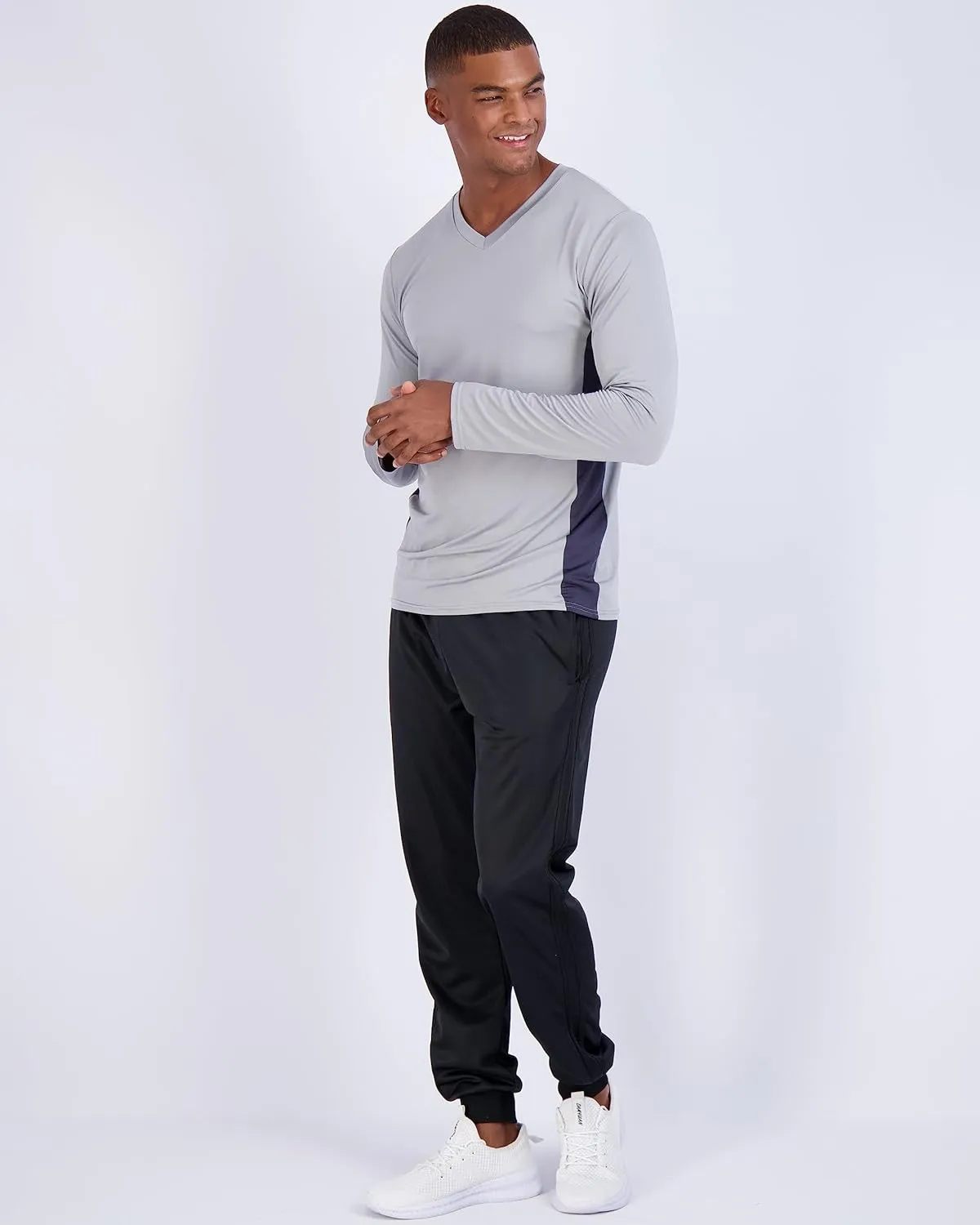 Real Essentials 4 Pack: Men's Dry Fit Long Sleeve V-Neck Active T-Shirt - Athletic Outdoor UPF 50  (Available in Big & Tall)
