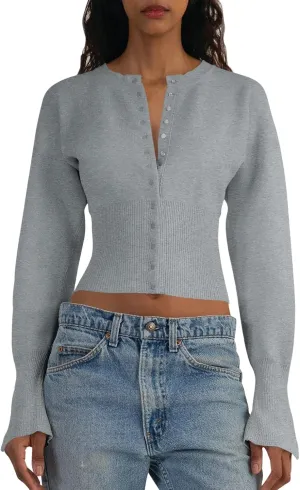 Saodimallsu Womens Cropped Sweaters Button Down Long Sleeve V Neck Ribbed Knit Slim Fit Pullover Crop Tops