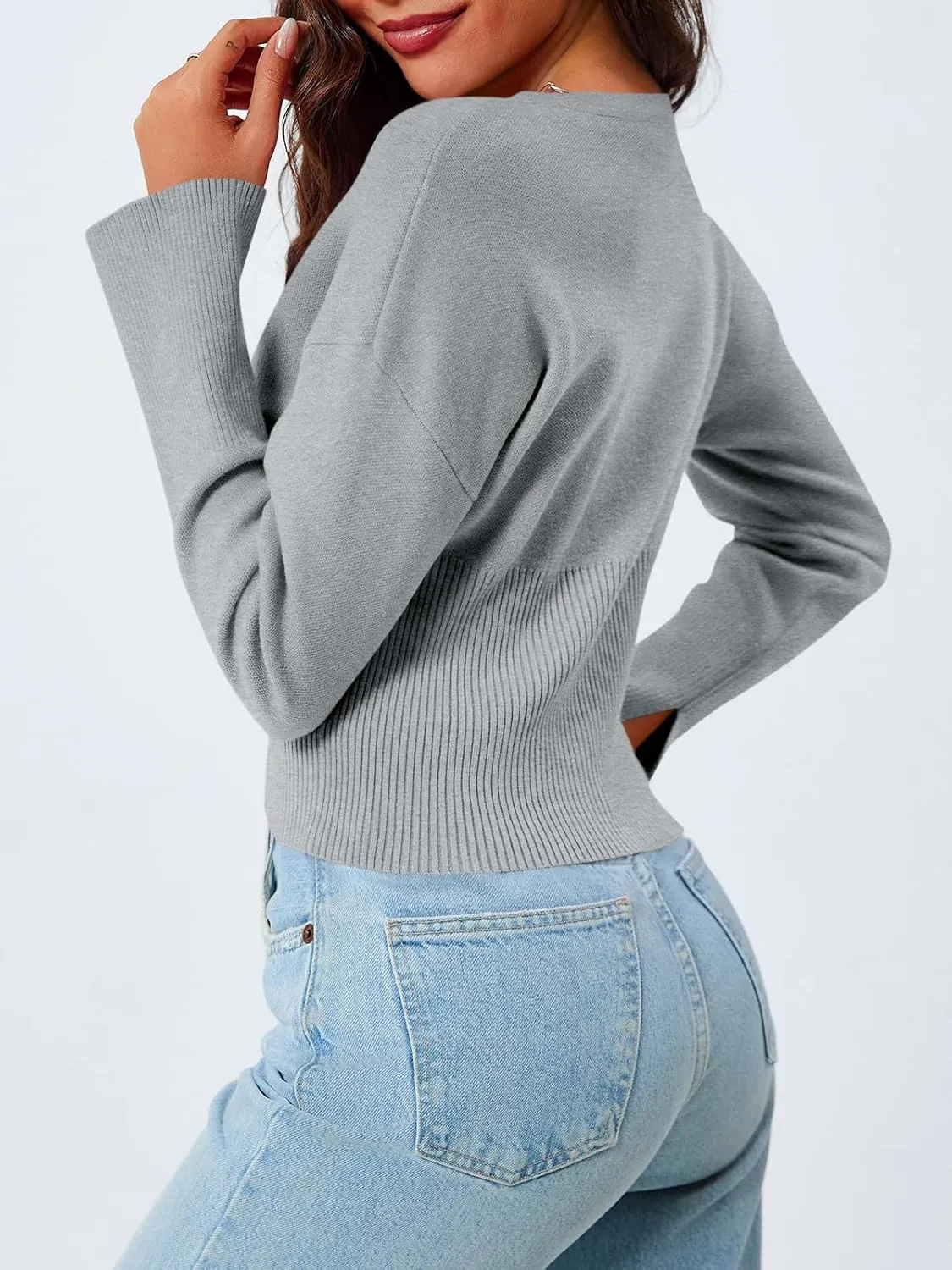 Saodimallsu Womens Cropped Sweaters Button Down Long Sleeve V Neck Ribbed Knit Slim Fit Pullover Crop Tops