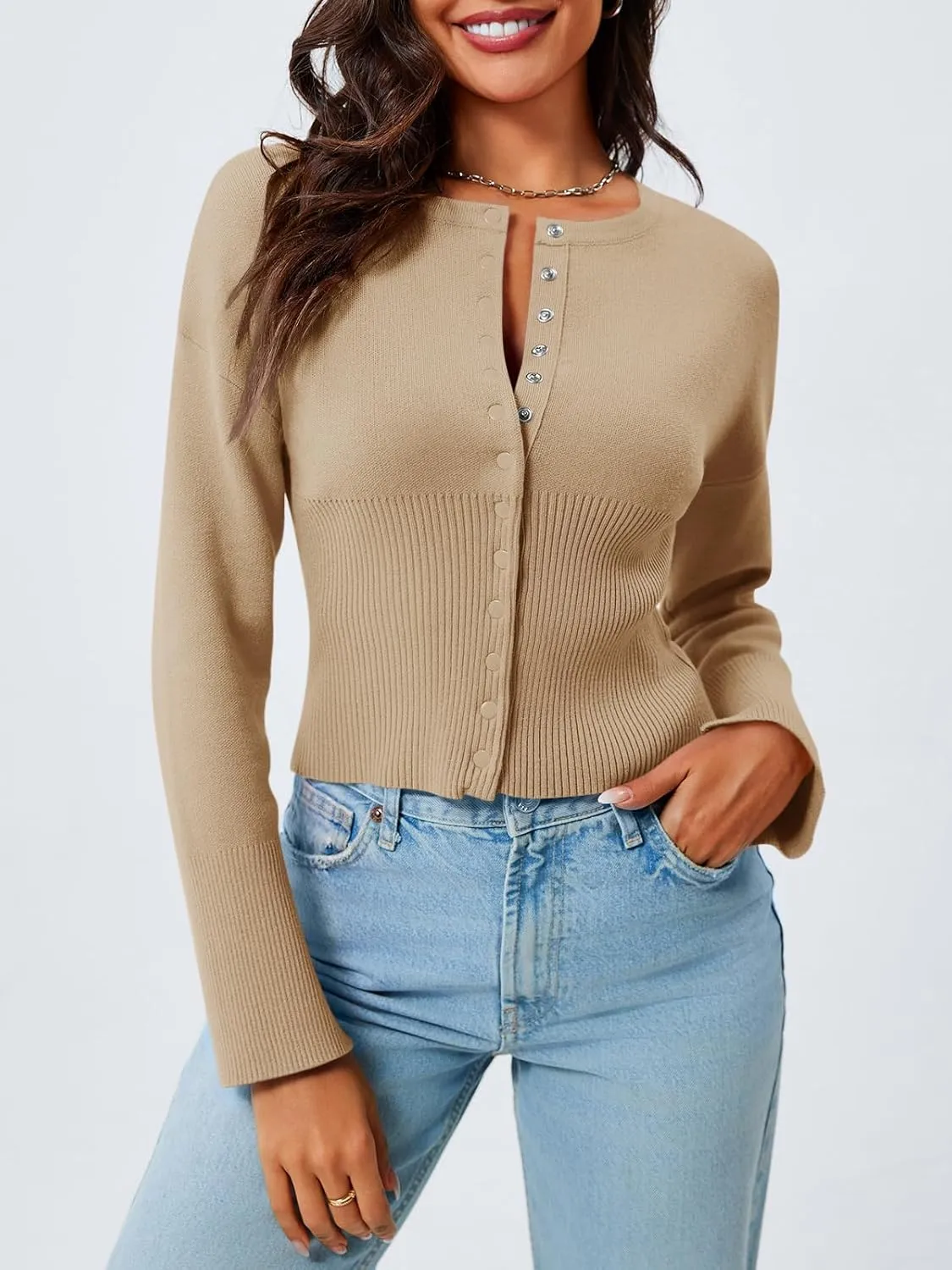 Saodimallsu Womens Cropped Sweaters Button Down Long Sleeve V Neck Ribbed Knit Slim Fit Pullover Crop Tops