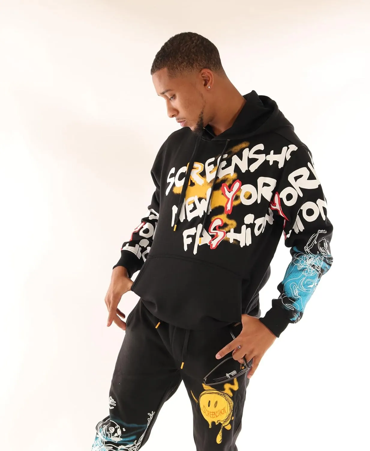 SCREENSHOT-FLEECE HOODIE 4202 Mens Urban Streetwear NYC Graffiti Embroidery Patch Fleece Pullover Sweatshirt Hoodie