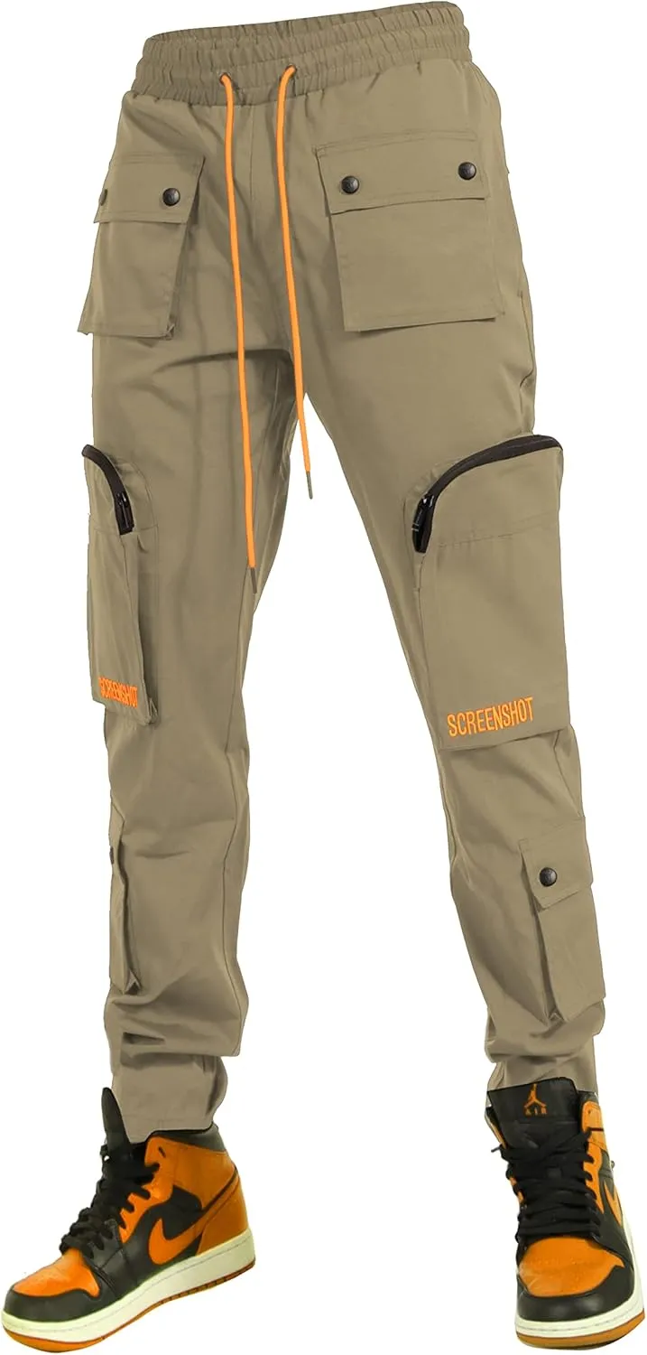 SCREENSHOT Mens Hip Hop Premium Multifunctional Utility Nylon Cargo Pants - Crisp Shell Fabric 3D Pockets Tapered Fit Bottoms
