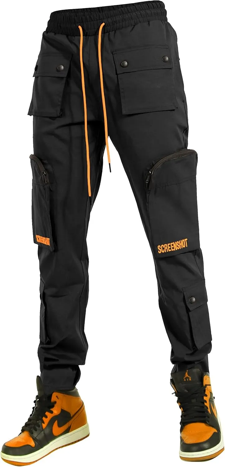 SCREENSHOT Mens Hip Hop Premium Multifunctional Utility Nylon Cargo Pants - Crisp Shell Fabric 3D Pockets Tapered Fit Bottoms