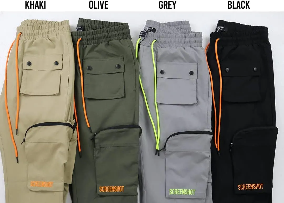 SCREENSHOT Mens Hip Hop Premium Multifunctional Utility Nylon Cargo Pants - Crisp Shell Fabric 3D Pockets Tapered Fit Bottoms