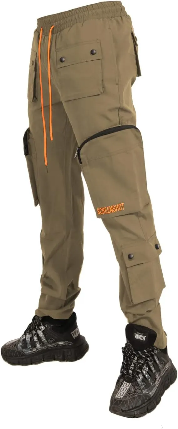 SCREENSHOT Mens Hip Hop Premium Multifunctional Utility Nylon Cargo Pants - Crisp Shell Fabric 3D Pockets Tapered Fit Bottoms